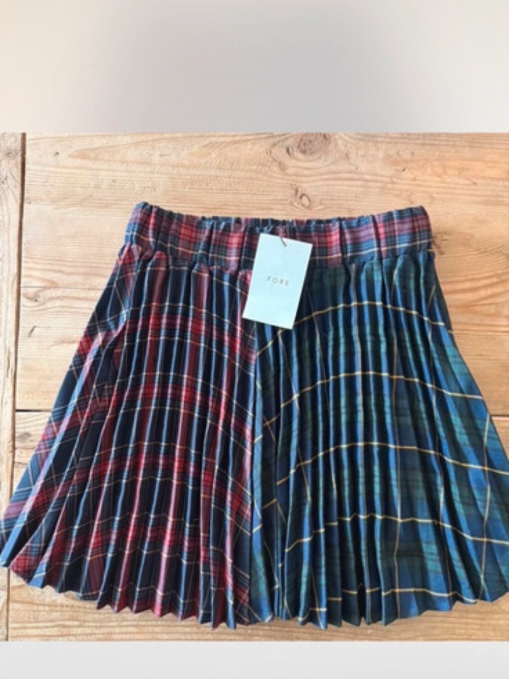 FORE Two-Tone Plaid Pleated Mini Skirt - Red & Blue